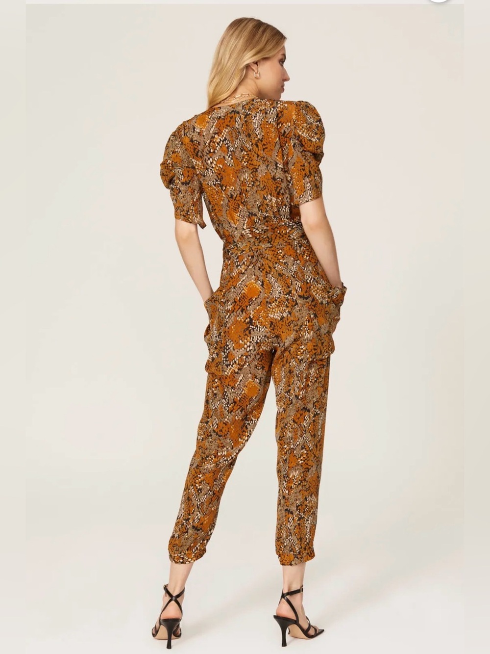 GILNER FARRAR JADE VIPER JUMPSUIT Rust Snake-Print with Short Puff Sleeves